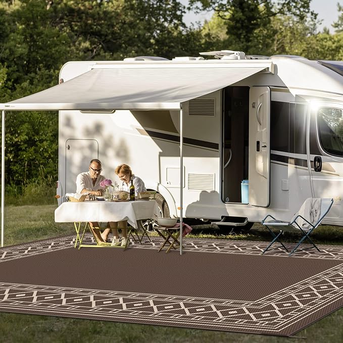 GENIMO Outdoor Rug Waterproof for Patio, Outside Area Mat for Rv, Coffee & Beige - Image 3