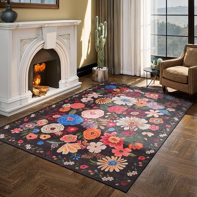 Floral Washable 6x9 Area Rugs Espresso, Soft Bedroom Rug - Image 6