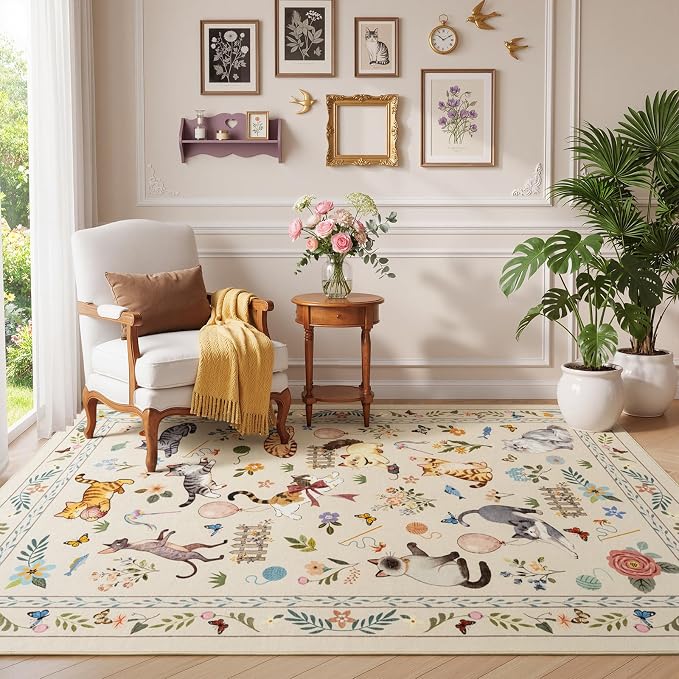 Unirea 3x5 Beige Cat Area Rug for Entryway Kitchen, Medium Washable Kids Rug - Image 7