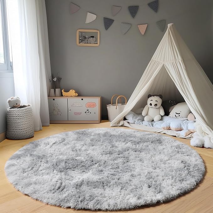 ONASAR Round Rugs 5ft for Bedroom Living Room, Fluffy Tie-Dyed Light Grey - Image 6