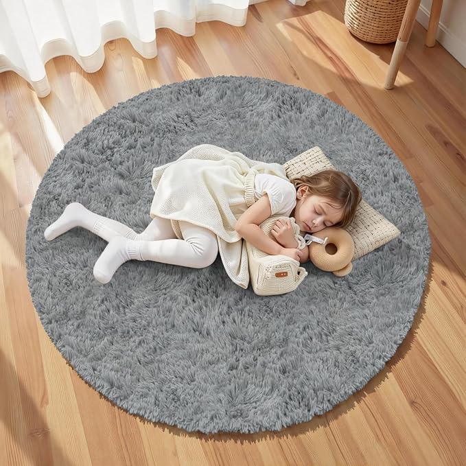 Light Gray ack Round Fluffy Rug 5ft Plush Fuzzy Shaggy Carpet, Soft Rugs - Image 5