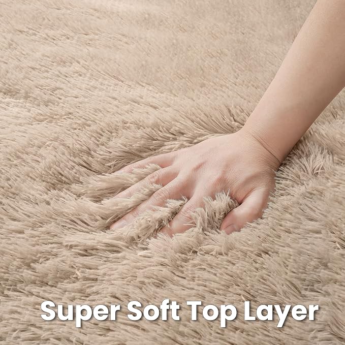 Beige Round Fluffy Rug 5ft, Soft Bedroom Circle Rugs Mats - Image 7