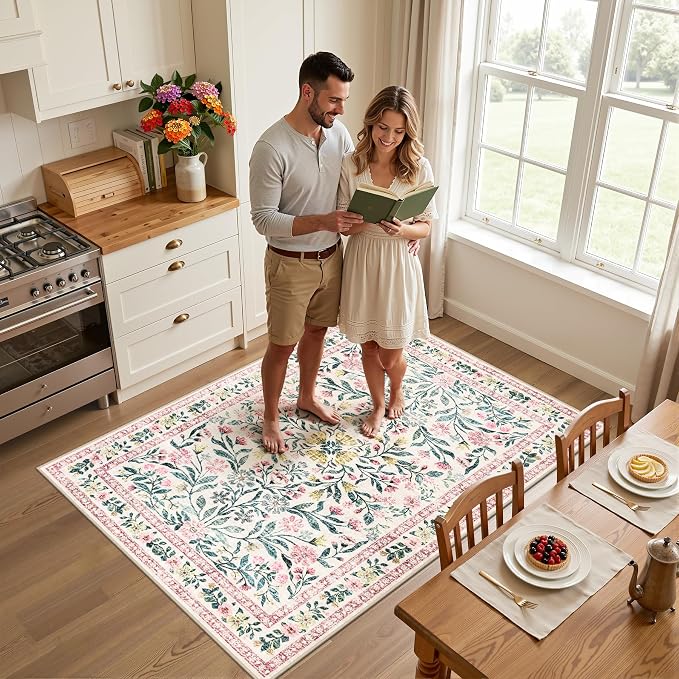 Area Rug Living Room Rugs: Floral 3x5 Washable Rug Vintage Soft Boho Non-Slip - Image 3