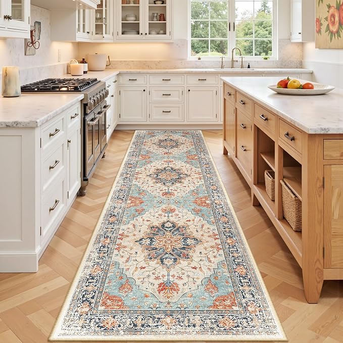 RELEANY Area Rugs Runner 2'x7' Washable Non-Slip, Floral Vintage Distress by RELEANY