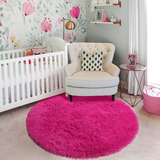 Hot Pink Small Round Rug 3Ft for Girls Bedroom, Fluffy Circle Area Rugs for - Image 7
