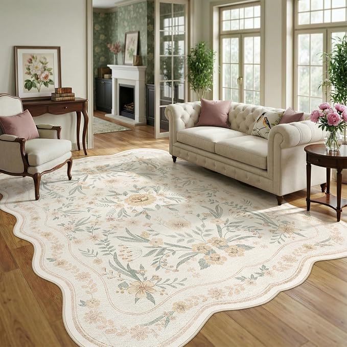 Scalloped Floral Rug 8x10, Neutral Beige Washable Non Slip Large Area Rug by Dadasgk