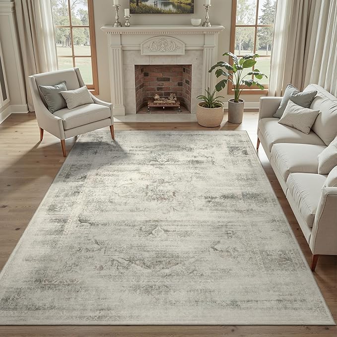 DCX 9x12 Beige Rug, Machine Washable Stain Resistant Distressed Vintage Rug by DCXWashableRug