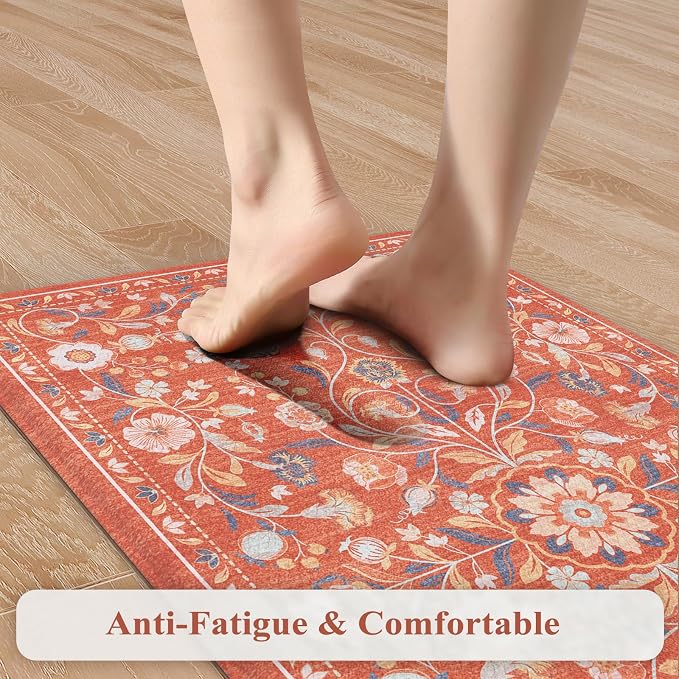 KIMODE Anti Fatigue Mat for Kitchen Floor Non Slip, Boho Vintage Floral Kitchen - Image 3