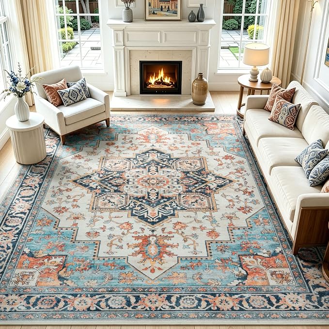 Lofus 8x10 Washable Rugs Non-Slip, Vintage Floral Area Rug by Lofus