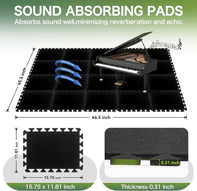 18 Pcs Sound Absorbing Interlocking Floor Mats Pads, 15.7" x 11.8" x 0.3" sound - Image 2