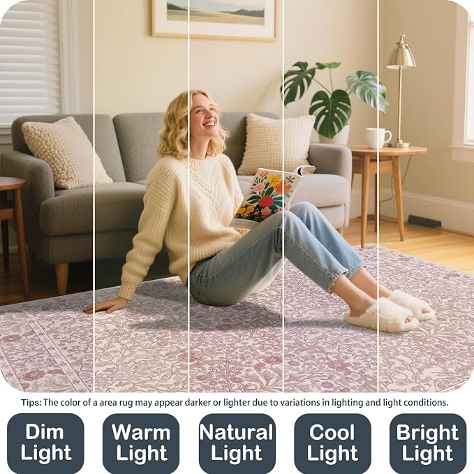 Vintage Pink Living Room Rug, 6x9 Washable Area Rugs - Image 4