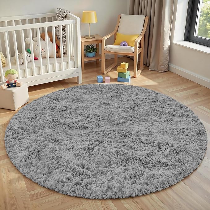 Light Gray ack Round Fluffy Rug 5ft Plush Fuzzy Shaggy Carpet, Soft Rugs - Image 8
