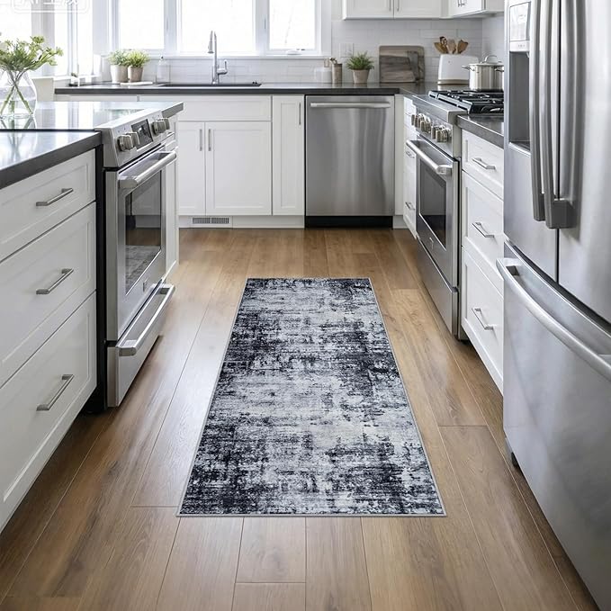 2'x5'Runner Rug Washable Rug: Modern Abstract Soft Thin Runner Rug Dark Black by FXRHLP