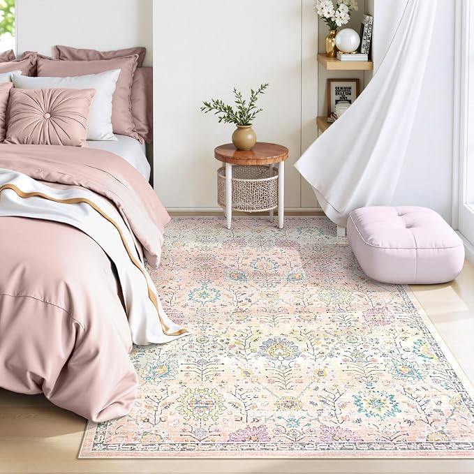 Lahome Pink Rug for Girls Bedroom 5x7, Soft Washable Floral Area Rug, Boho Non - Image 8