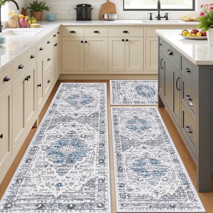 Ileading Kitchen Rugs Sets of 3 Non Slip Washable, Farmhouse Gray Kitchen Runner - Image 8