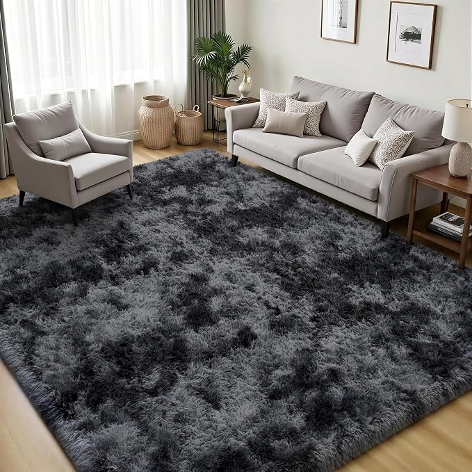 Area Rug for Living Room Bedroom: 5x7 Black Grey Soft Fluffy Shag Upgrade - Image 3