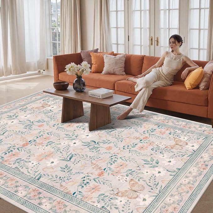 Rugxara 8x10 Pink Rugs for Bedroom Girls, Floral Washable Rug, Boho Area Rug - Image 3