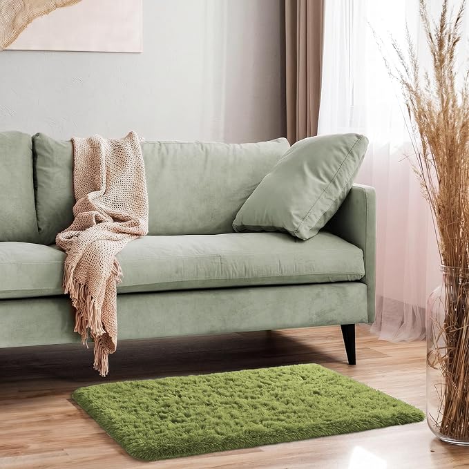 Ophanie Small Rug Washable Non Slip Throw Bedside Area Rugs, Fluffy Soft Green - Image 3