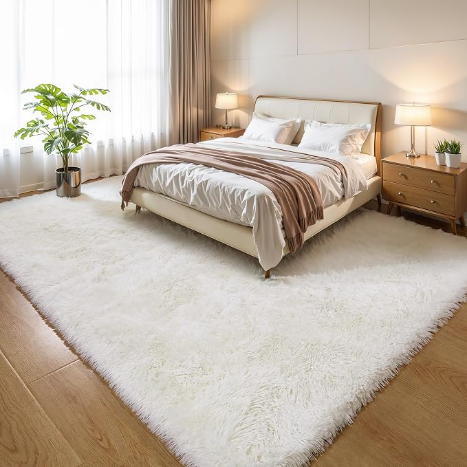 KCHOWUA Cream White Fluffy Area Rug - Image 6