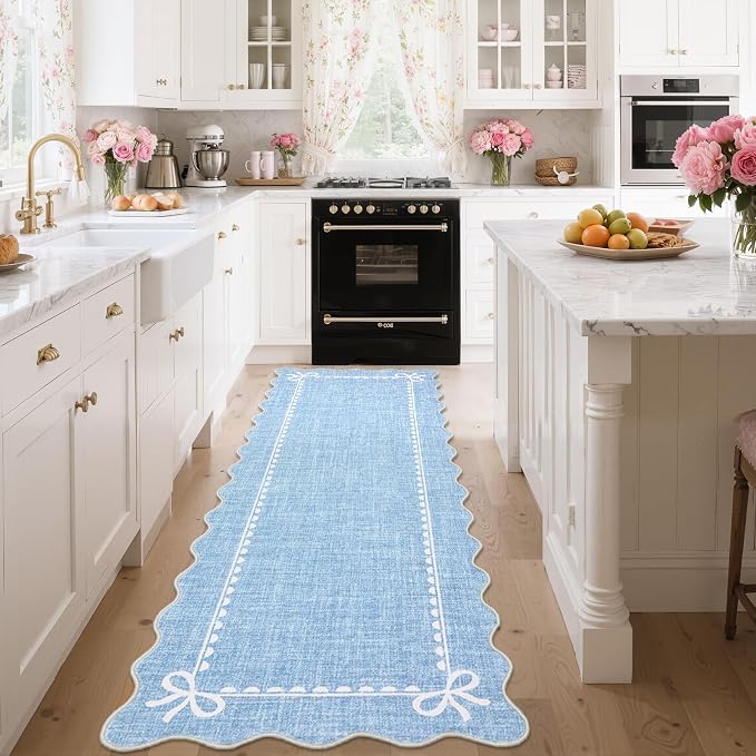 GarveeHome Scalloped Bow Rug for Living Room, Solid Blue Rug for Dorm, Washable - Image 2