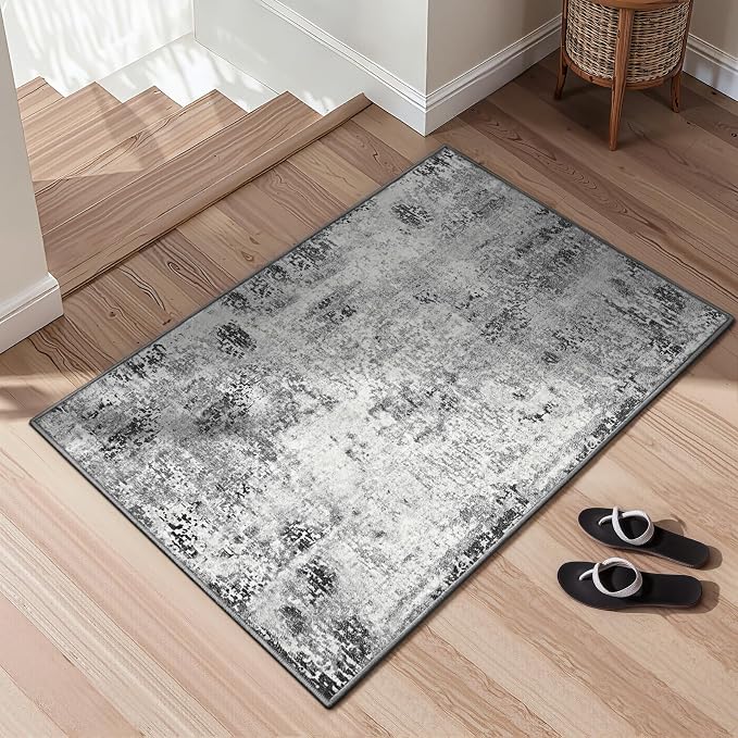 Entrance Rugs Indoor 2x4 Grey Entry Rug Washable Abstract Black Small Area Rug - Image 3
