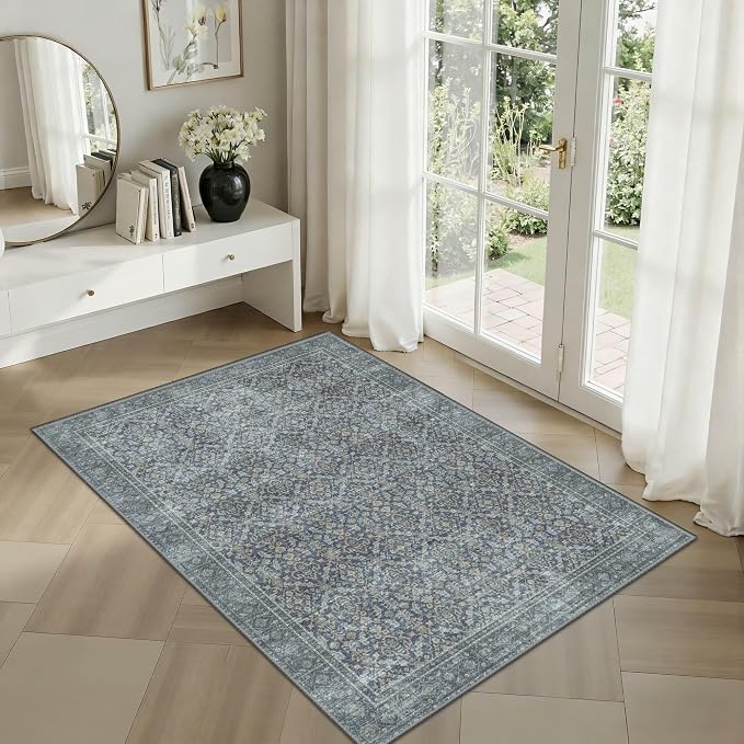 Latte&Fog 2x3 Entryway Rug, Small Vintage Blue Door Mat, Washable Kitchen Rug by LatteFog