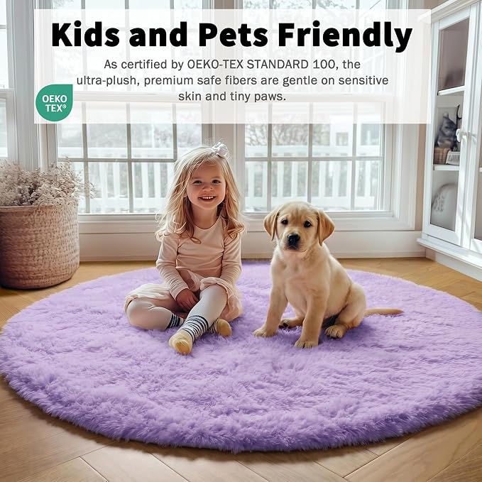 ONASAR Light Purple Round Area Rug 4ft, Soft Bedroom Circle Rugs Floor Mats - Image 3