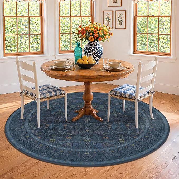 7ft Round Rug for Living Room, Dark Blue Oriental Floral Circle Area Rug - Image 3