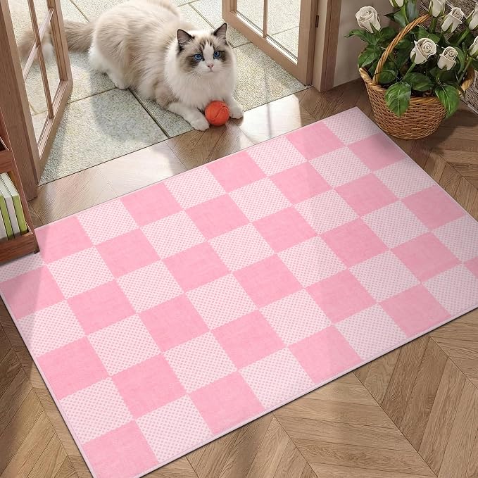 GarveeHome Checkered Blush Pink and White 2x6 Washable Kitchen Runner Rug - Image 3