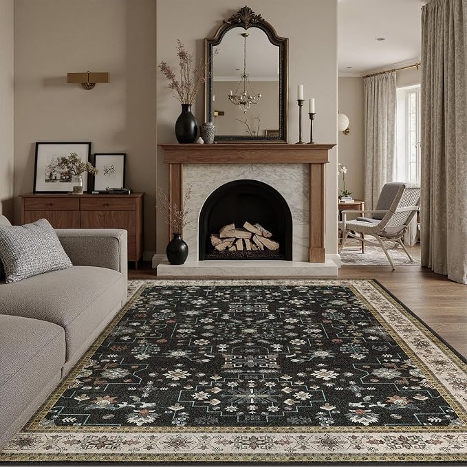 DCX Black Boho 5x7 Area Rugs, Machine Washable Non Slip Geometric Floral Rug - Image 9