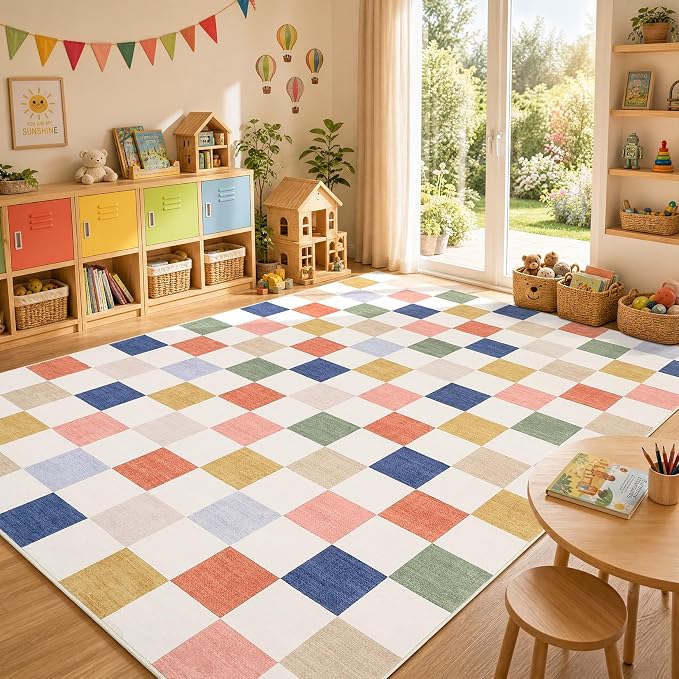 GarveeHome Checkered Nursery Kids Boy Playroom 3x5 Washable Rug Colorful - Image 3