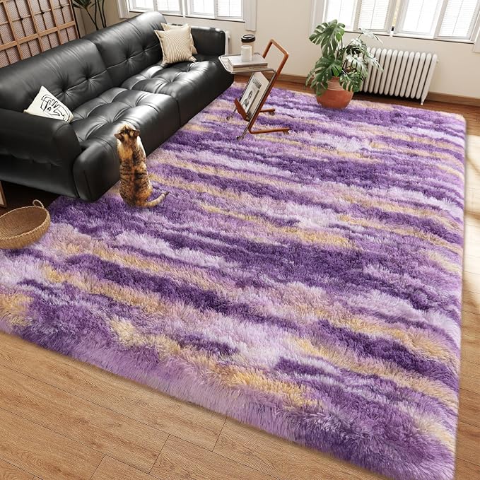 Shag Rugs for Living Room 5x7, Ultra Soft Abstract Purple Big Fuzzy Rugs for - Image 3