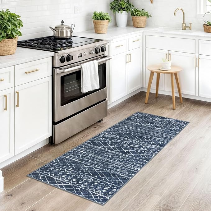 KUTA Boho Kitchen Rugs 2x5 ft Navy Blue Moroccan Washable Runner Rug Non-Slip - Image 2