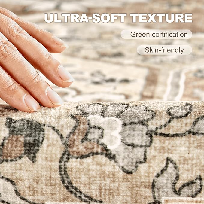 10x12 Washable Area Rug: Vintage Neutral Soft Non Slip Thin Large Floor Carpet - Image 4