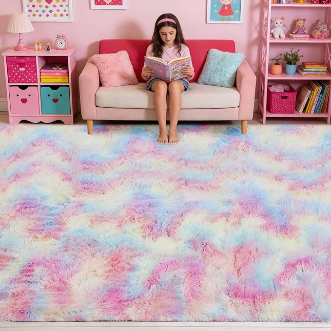 8x10 Area Rugs Living Room, Rainbow Large Plush Fluffy Bedroom Carpet, Non-Slip - Image 3