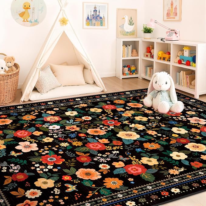 5x7 Area Rugs for Living Room Vacuum-Friendly Machine Washable Area Rug Flower - Image 3