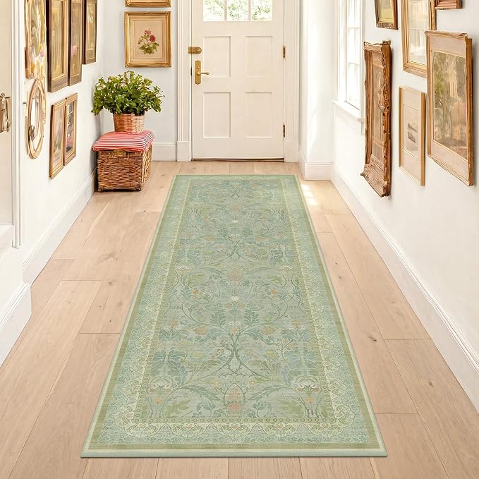 Floral 2x6 Washable Long Hallway Runner Rugs Non Slip, Sage Green Soft Runner - Image 3