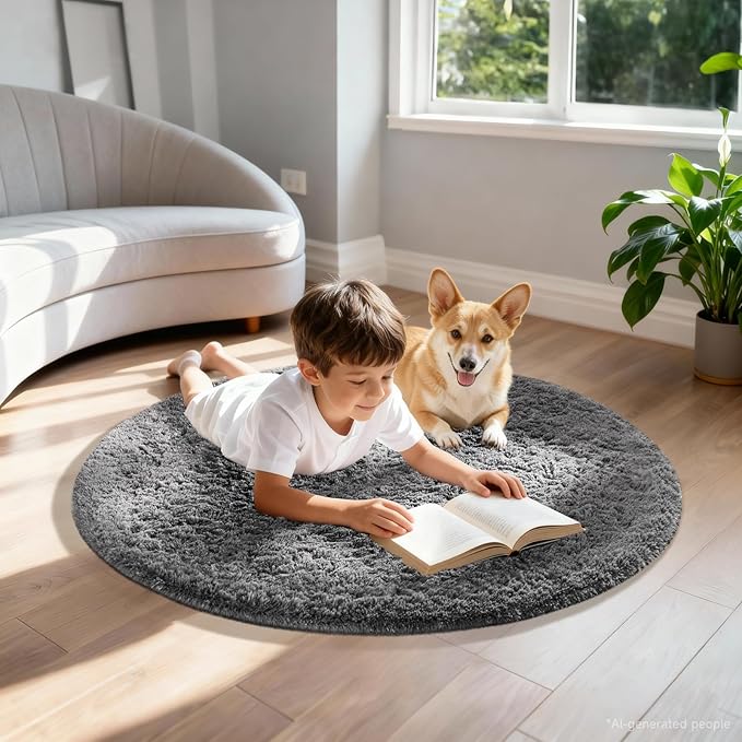 Ophanie Round Rugs 3Ft Grey Circle Area Rug, Christmas Room Decor, Aesthetic - Image 3