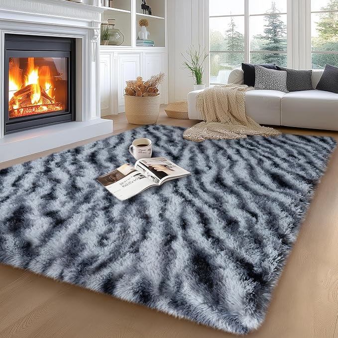 qulint Zebra Rug for Living Room, 5x7 Fluffy Carpet for Bedroom Soft Shaggy - Image 3
