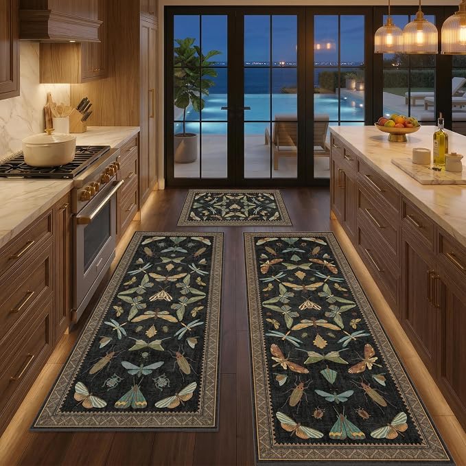 JTJ Insect Botanical Kitchen Rug Set 3 Piece, Vintage Whimsical Runner Rugs - Image 5
