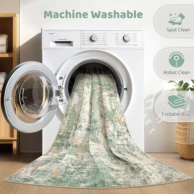 5x8 Area Rug Living Room: Washable Large Abstract Soft Green Rugs Stain - Image 2