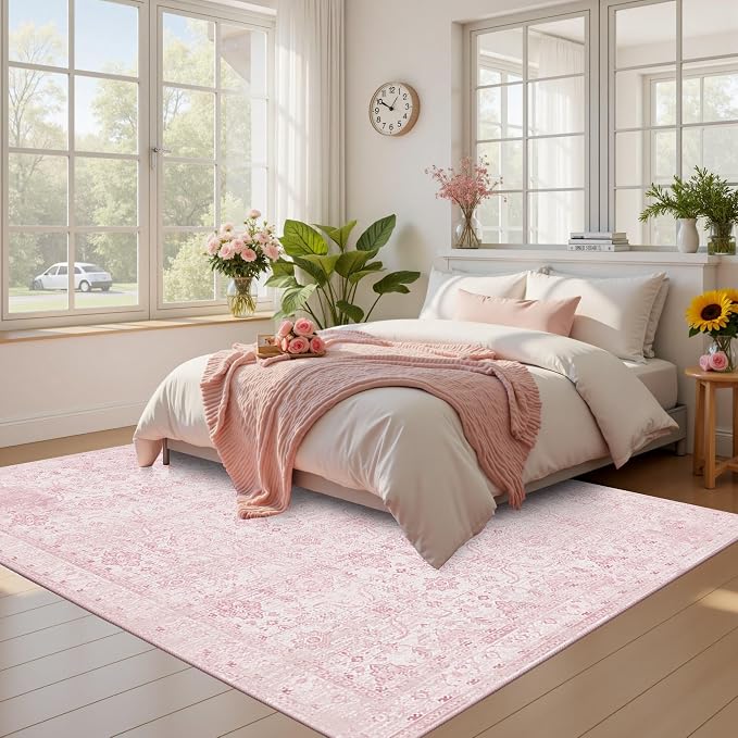 Rugxara Pink Rug for Living Room Bedroom, 5x7 Area Rugs Washable Vintage Floral - Image 2