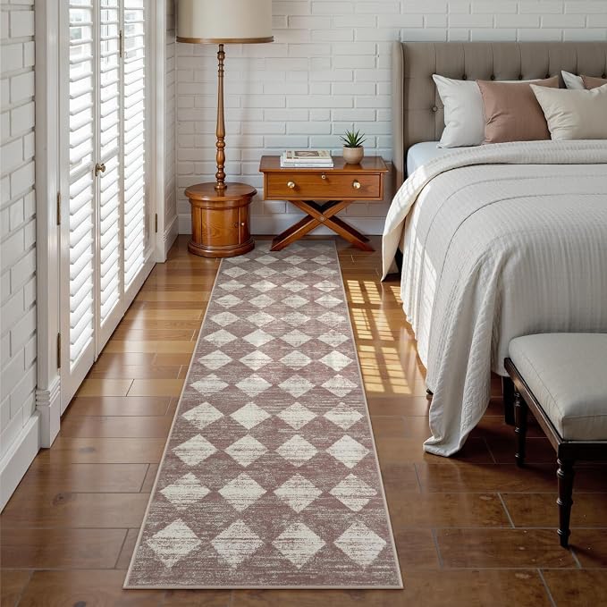 Checkered Runner Rug 2x8 Beige, Hallway Kitchen Bathroom Non Slip Washable - Image 8