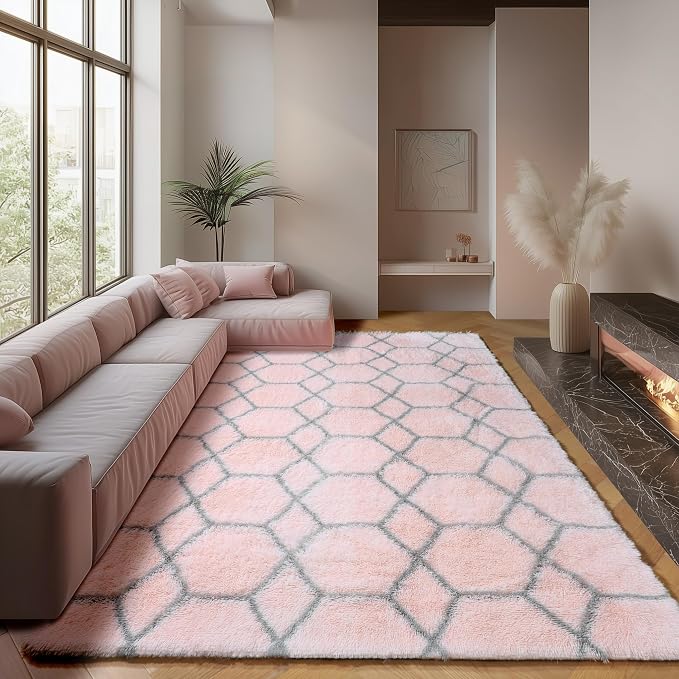 ONASAR 7x9 Area Rugs for Living Room Bedroom, Large Fluffy Pink and Grey Throw by ONASAR