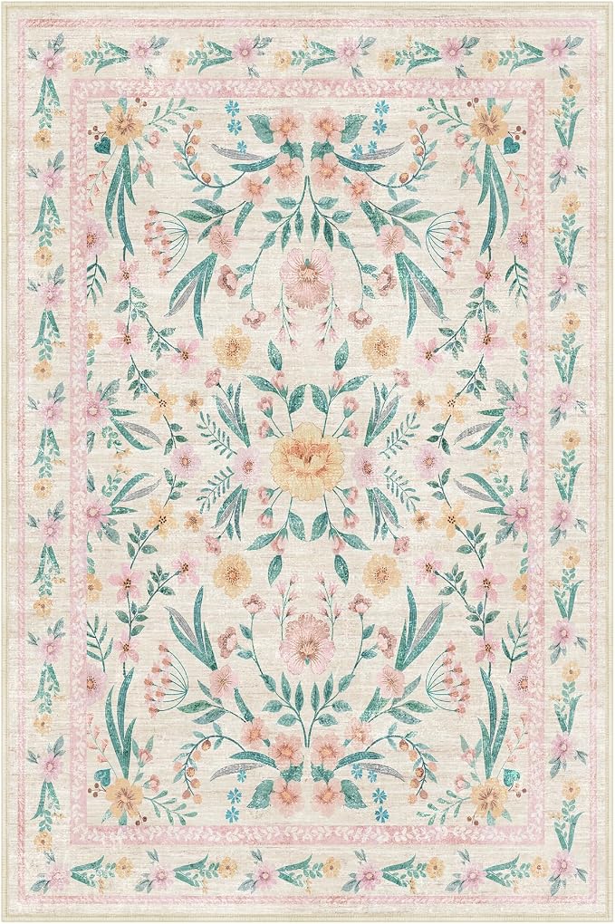 Pink Floral Area Rug 4x6, Washable Non-Slip Soft Carpet - Image 9