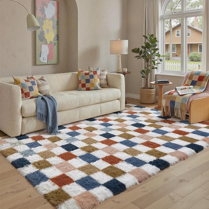 PureCozy Checkered Rug 6x9 for Living Room, Modern Rainbown Shag Rug Washable - Image 4