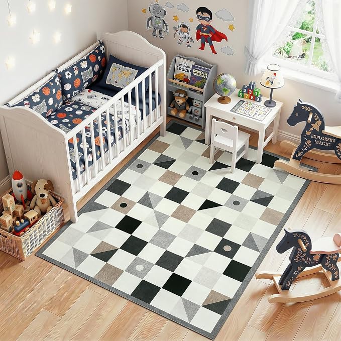 Terrug Grey and Beige Geometric Checkered Rug - Image 2