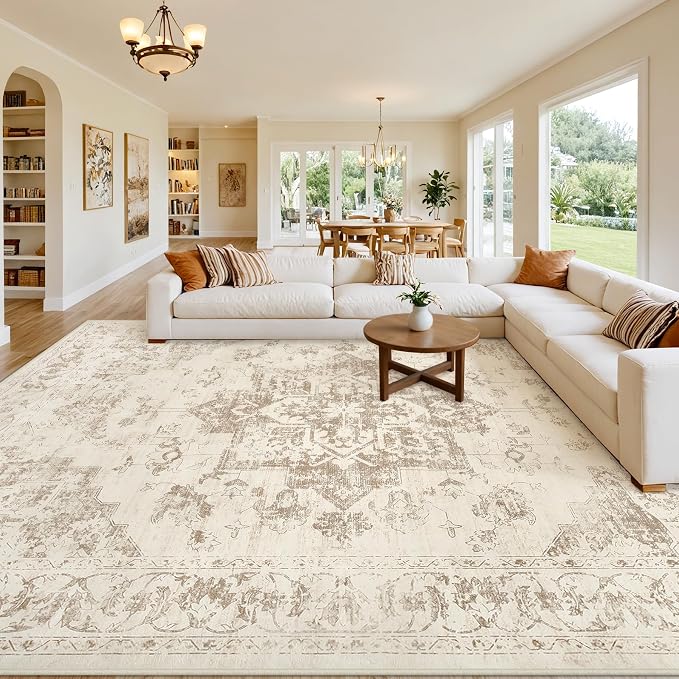 10x12 Area Rug for Living Room: Vintage Boho Neutral Washable Rug Indoor Soft by Luxturiy