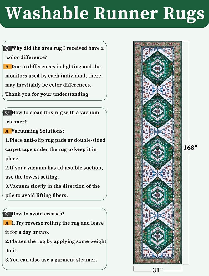 SERISSA Runner Rug for Hallways, Extra Long Boho Rug Ultra Soft Vintage Green - Image 6