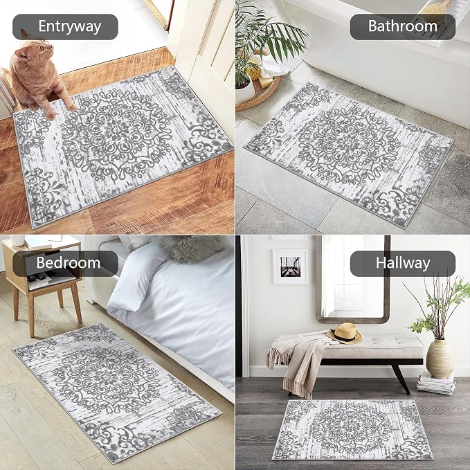 HEBE Indoor Door Mat 2'x3', Washable Distressed Boho Small Area Rug, Non Slip - Image 4